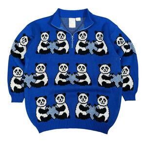 Vintage Panda Knit Sweater 80s Blue 1/4 Zip Pullover Womens Fits Large Arcylic